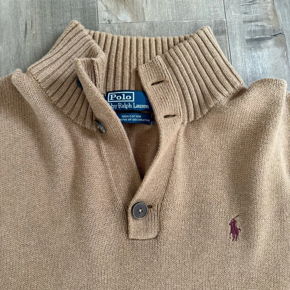 Polo Ralph Lauren Pullover Sweater Three Button Men XL Cotton Khaki Brown Preppy